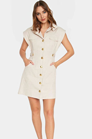 Dokuma Gabardin Mini Elbise Kisa Kol Düğmeli %Pamuk Yazlık Dayanıklı Malzeme