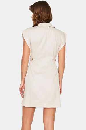 Dokuma Gabardin Mini Elbise Kisa Kol Düğmeli %Pamuk Yazlık Dayanıklı Malzeme