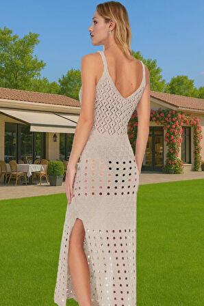 Vücuda Oturan Örme Triko Maxi Elbise Yırtmaçlı Plaj Şıklığı Modern Stil Modern Stil Rahat Kullanım
