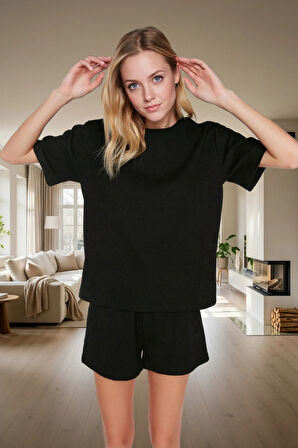 Yazlık Pijama Takımı Waffle Kumaş Örme Rahat Kalıp 2'li Mükemmel Uyum Konforlu Kesim