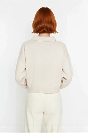 Kadın Düz Desen Polo Yaka Uzun Kol Oversize Triko Kazak Günlük Kullanım İçin İdeal Basic Model