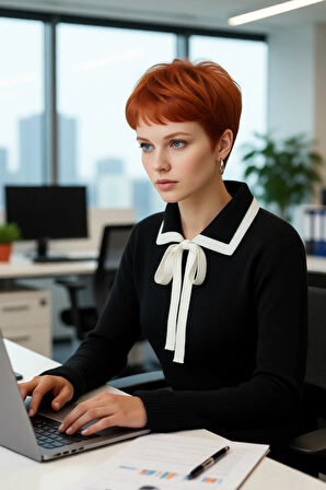 Kadın Polo Yaka Bağcıklı Triko Kazak Renk Bloklu Uzun Kollu Kışlık Ofis Şıklığı İçin Rahat Seçim