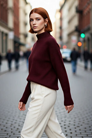 Kadınlara Özel Oversize Rahat Kalıp Düz Renk Triko Kazak Dik Yaka Reglan Kol Kış Modasının