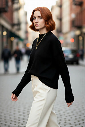 Kadınlara Özel Oversize Rahat Kalıp Düz Renk Triko Kazak Dik Yaka Reglan Kol Kış Modasının