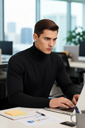 Erkek Slim Fit Balıkçı Yaka Akrilik Uzun Kollu Triko Kazak Günlük Ve Smart Stiller İçin Uygun