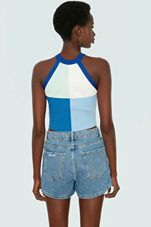 Renk Bloklu Triko Crop Bluz Halter Yaka Yazlık Polyester Günlük Konforlu Kesim Dayanıklı Malzeme