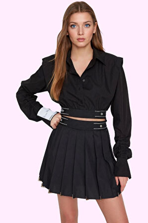 Kadın Mini Etek Metal Detaylı Kemerli A line Poplin Kumaş Günlük Kullanım Kaliteli Malzeme