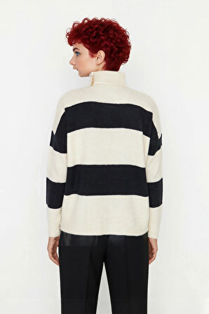 Kadın Triko Çizgili Fermuarlı Dik Yaka Oversize Kazak Konforlu Düşük Kol Kış Giyim Tarzı Kaliteli