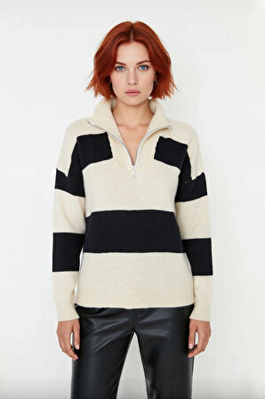 Kadın Triko Çizgili Fermuarlı Dik Yaka Oversize Kazak Konforlu Düşük Kol Kış Giyim Tarzı Kaliteli