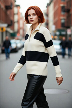 Kadın Triko Çizgili Fermuarlı Dik Yaka Oversize Kazak Konforlu Düşük Kol Kış Giyim Tarzı Kaliteli