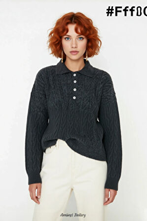 Kadın Oversize Triko Polo Yaka Saç Örgü Düşük Kollu Rahat Kışlık Basic Stil Kazak Kaliteli