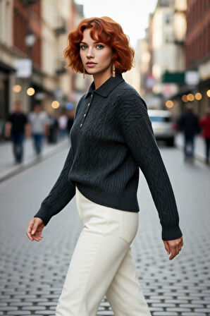 Kadın Oversize Triko Polo Yaka Saç Örgü Düşük Kollu Rahat Kışlık Basic Stil Kazak Kaliteli