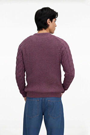 Erkek Regular Fit Bisiklet Yaka Saç Örgü Detaylı Triko Kazak Soğuk Günler İçin Rahatlık Sunar