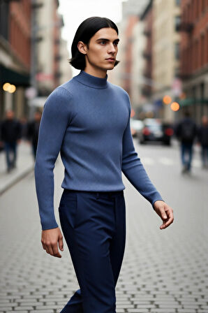 Erkek Dik Yaka Uzun Kol Fitilli Dar Kalıp Triko Kazak Kış Sezonu İçin Modern ve Konforlu Stil