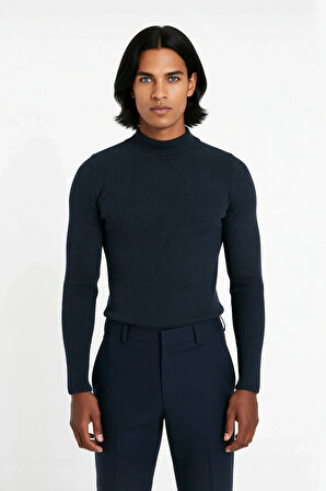 Erkek Dik Yaka Uzun Kol Fitilli Dar Kalıp Triko Kazak Kış Sezonu İçin Modern ve Konforlu Stil