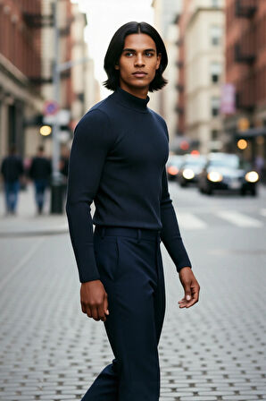 Erkek Dik Yaka Uzun Kol Fitilli Dar Kalıp Triko Kazak Kış Sezonu İçin Modern ve Konforlu Stil