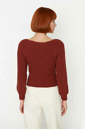 Kadın Kalp Yaka Crop Triko Kazak Regular Kalıp Uzun Kollu Fitilli Akrilik Günlük Şık Giyim