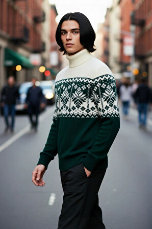 Erkek Kalın Triko Regular Kesim Balıkçı Yaka Panelli Etnik Desen Kazak Sonbahar Kış Stili İçin
