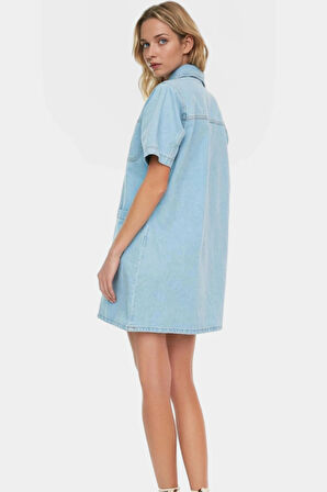 Kısa Kollu Denim Gömlek Elbise Mini Boy Casual Günlük Pamuk Yüksek Kalite Profesyonel Görünüm