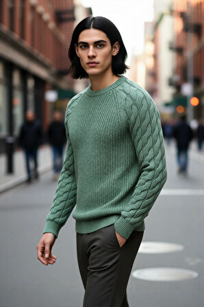 Erkek Regular Fit Bisiklet Yaka Saç Örgü Detaylı Triko Kazak Soğuk Günler İçin Rahatlık Sunar