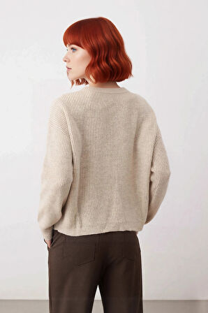 Kadın Oversize Basic Dokulu Uzun Kollu Fermuarlı Dik Yaka Selanik Örgü Triko Kazak Kaliteli