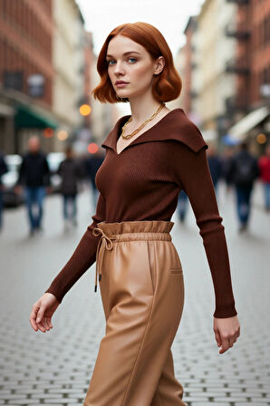 Kadın Şık Devrik Yaka Fitilli Triko Üst Fitted Kesim Uzun Kol Crop Model İlkbahar Sonbahar