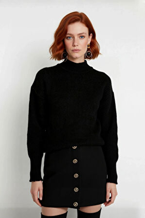 Kadın Dik Yaka Oversize Balon Kol Triko Kazak Kışlık Rahat Şık Günlük Kombinler İçin İdeal