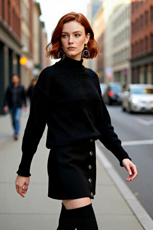 Kadın Dik Yaka Oversize Balon Kol Triko Kazak Kışlık Rahat Şık Günlük Kombinler İçin İdeal