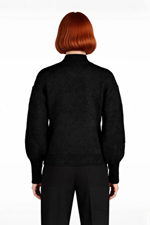 Kadın Dik Yaka Oversize Balon Kol Triko Kazak Kışlık Rahat Şık Günlük Kombinler İçin İdeal