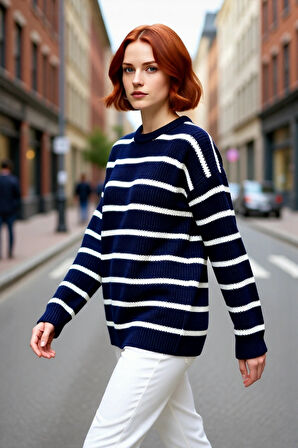 Kadınlara Özel Oversize Çizgili Triko Kazak Bisiklet Yaka Uzun Kollu Kış Stiline Modern Dokunuş