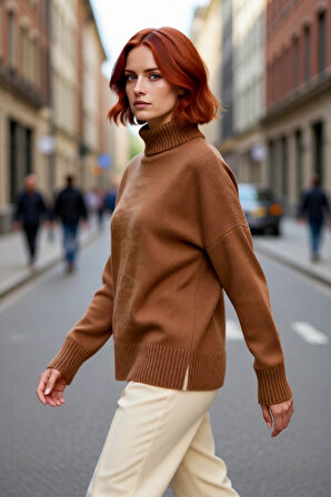 Kadın Basic Oversize Dik Yaka Triko Kazak Düşük Kol Uzun Boy Kışlık Günlük Şıklık Sunar Kaliteli