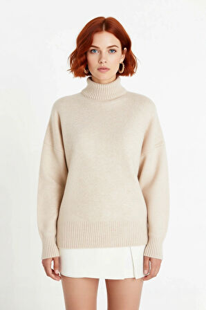 Kadın Basic Oversize Dik Yaka Triko Kazak Düşük Kol Uzun Boy Kışlık Günlük Şıklık Sunar Kaliteli