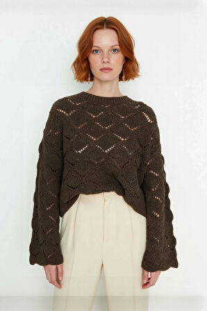 Şık Kadın Oversize Ajurlu Bisiklet Yaka Uzun Kol Triko Kazak Soğuk Havalarda Konfor Sunar Kaliteli