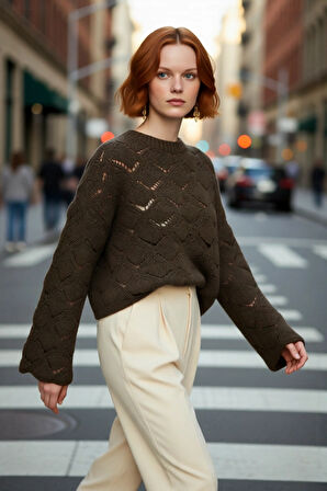 Şık Kadın Oversize Ajurlu Bisiklet Yaka Uzun Kol Triko Kazak Soğuk Havalarda Konfor Sunar Kaliteli