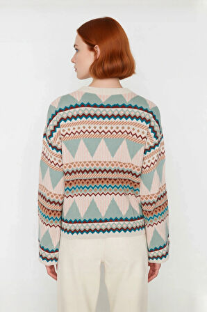 Kadın Triko Etnik Desenli Oversize Kalıp Bisiklet Yaka Uzun Kollu Günlük Şıklık Sunan Kazak