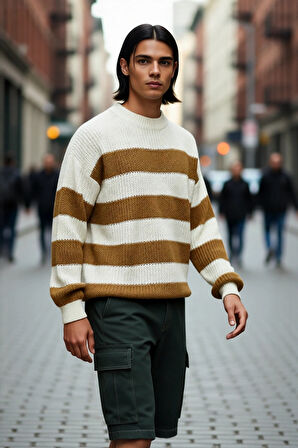 Erkek Basic Koleksiyon Uzun Kollu Rahat Çizgili Bisiklet Yaka Akrilik Oversize Triko Kazak