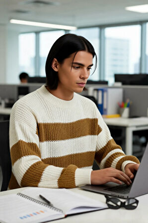 Erkek Basic Koleksiyon Uzun Kollu Rahat Çizgili Bisiklet Yaka Akrilik Oversize Triko Kazak