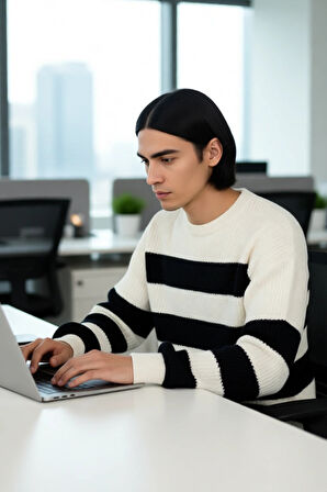 Erkek Basic Koleksiyon Uzun Kollu Rahat Çizgili Bisiklet Yaka Akrilik Oversize Triko Kazak