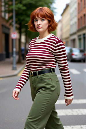 Kadın Çizgili Fitilli Triko Kazak İnce Yapısı İle Kış Aylarında Modern Bir Görünüm Sağlar Kaliteli