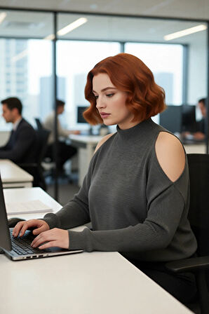 Kadın Şık Relaxed Kalıp Dik Yaka Uzun Kollu Omzu Açık Detaylı Tarz Akrilik Triko Kazak Kaliteli