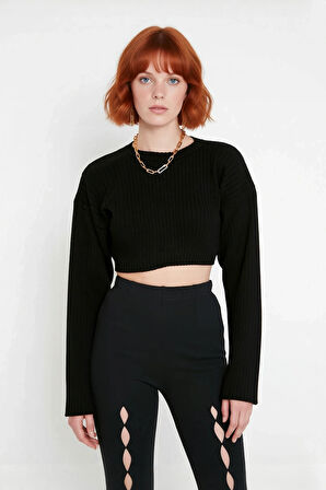 Kadın Düz Desen Regular Kalıp Triko Super Crop Bisiklet Yaka Uzun Kol Kazak Casual Tarz Kaliteli