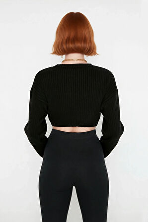 Kadın Düz Desen Regular Kalıp Triko Super Crop Bisiklet Yaka Uzun Kol Kazak Casual Tarz Kaliteli