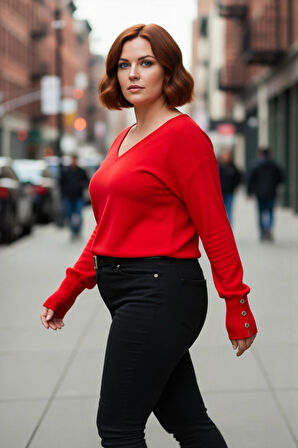 Kadın Düz Desen Regular Kalıp Triko V Yaka Kazak Uzun Kollu Ve Şık Düğme Detayları İle Kaliteli