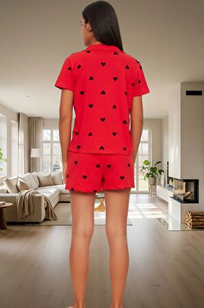 Kısa Kollu Pamuklu Pijama Takımı Kalpli Desenli Regular Kalıp Yazlık Ev Giyim Özenle Seçilmiş