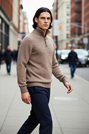 Erkek Modern Düğmeli Dik Yaka Fitted Kalıp Triko Kazak Soğuk Kış Günleri İçin İdeal Şık Seçim