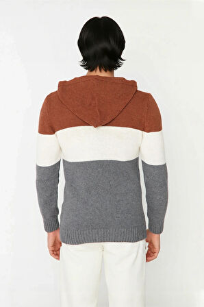 Erkek Regular Kesim Kapüşonlu Renk Bloklu Uzun Kollu Triko Kazak Soğuk Kış Günleri İçin İdeal