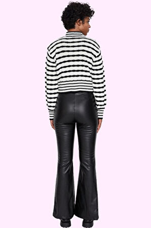 Kadın Flare Suni Deri Pantolon Yüksek Bel Günlük Casual Şık Tarz Yaz Aylarının Vazgeçilmezi