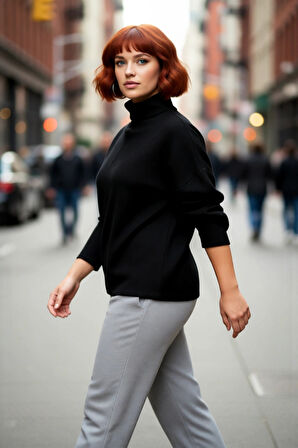 Kadın Triko Dik Yaka Düşük Kol Rahat Kalıp Büyük Beden Kışlık Kazak Günlük Şıklık İçin İdealdir