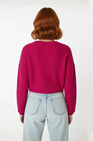 Kadınlara Özel Düşük Kollu Oversize Basic Super Crop Akrilik Kışlık Triko Kazak Şık ve Rahat