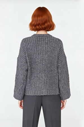 Kadın Kalın Saç Örgülü Oversize Triko Kazak Soğuk Havalar İçin Şık Bisiklet Yaka Standart Kol